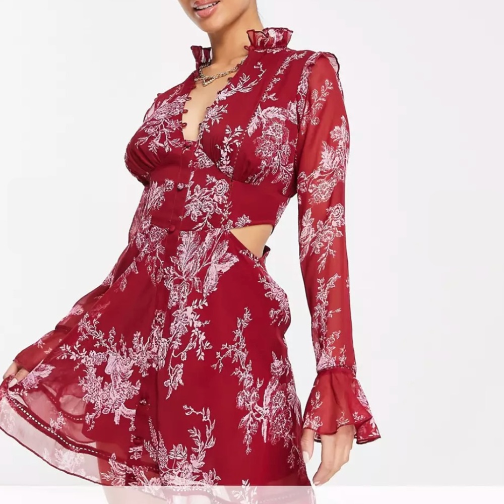 ASOS DESIGN Ruffle Detail Mini Dress with Button Detail in Red Floral Print